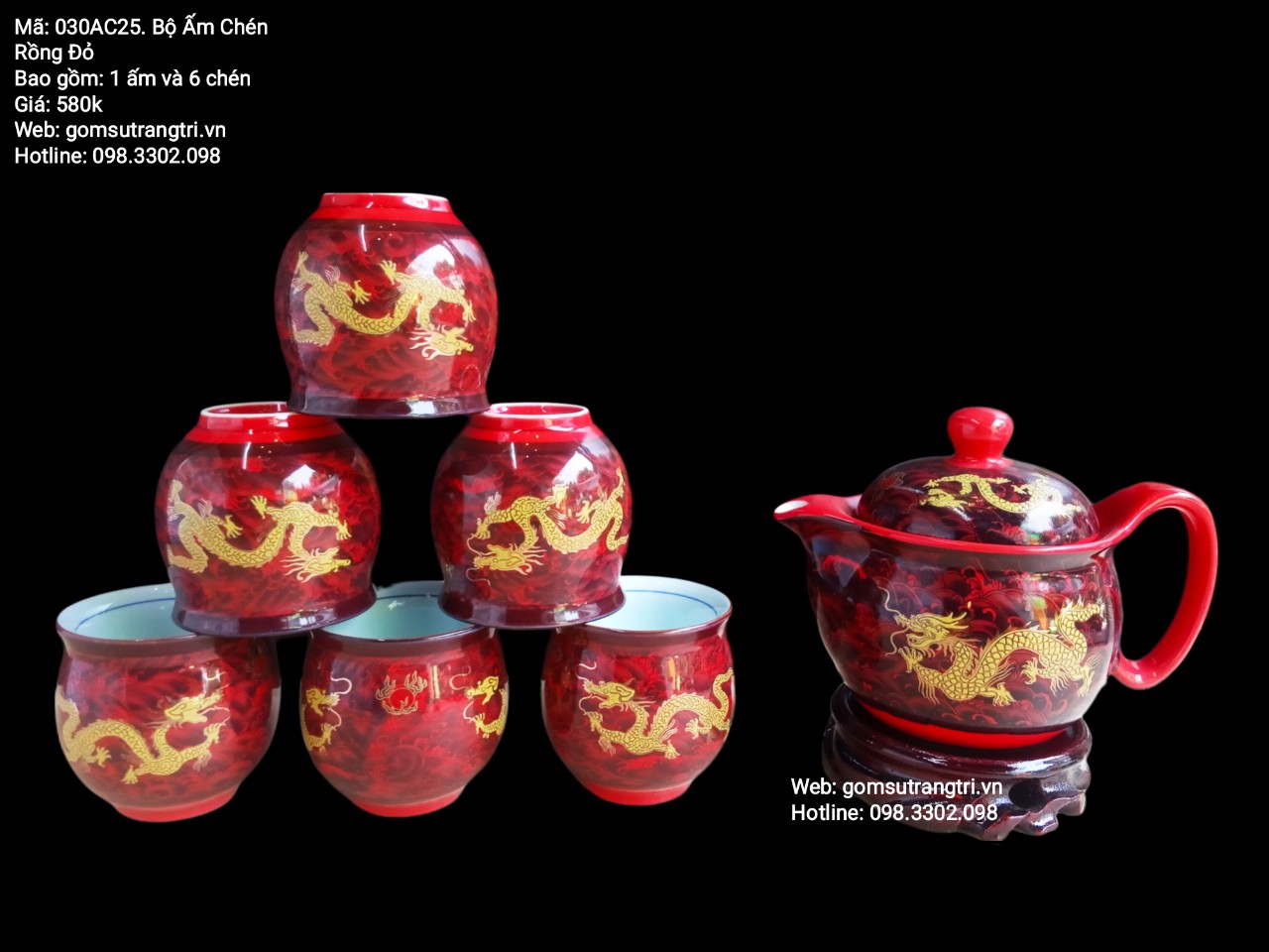 Bộ ấm chén rồng đỏ 2 lớp